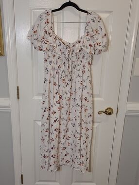 White Floral Puff-Sleeve Midi Dress